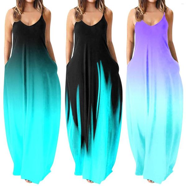 Vestidos casuales Estampado degradado Mujeres Damas Moda Suelto Sexy Cuello en V Bohemio Maxi Vestido Elegante Dama Camisola Bata de playa