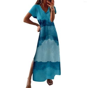 Robes décontractées Gradient Tie Dye Print Summer Maxi Dress Pour Femmes Mode Sexy Col En V À Manches Courtes Poche Fente Latérale Robe D'été Lâche