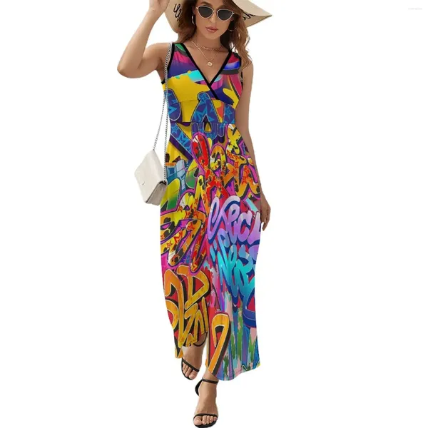 Vestidos informales Palabras de graffiti Vestido Colorido Kawaii Maxi V Neck Boho Boach Beach Long Big Size Vestido