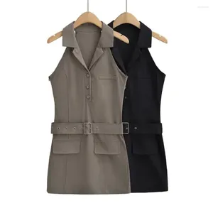 Casual jurken grijs bruine polo kraag riem werkkleding vest jurk dames mouwloze taille sexy meisje temperament slanke rok