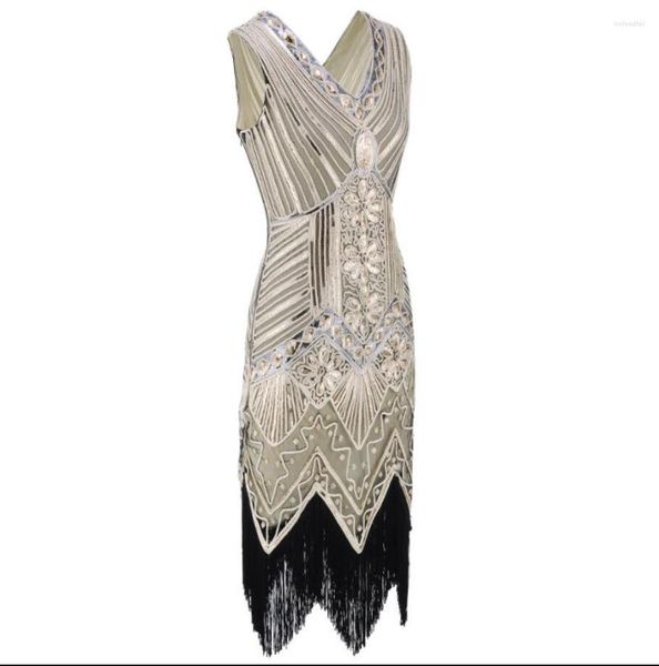 Robes décontractées Great Gatsby Flapper Costume Black Gold Femmes Robe de soirée Années 1920 Vintage Paillettes Fringe Robe 20S Roaring Prom V Cou Robe