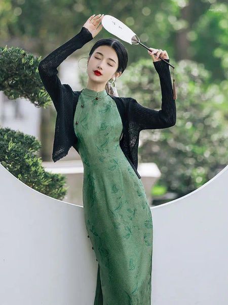 Robes décontractées Green Chinois National Style Elegant Vintage Qipao Jupe d'été Femme pour vêtements de fête 2024 Vêtements CHIE