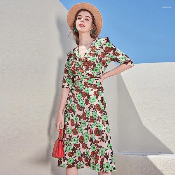 Vestidos casuales Café verde gasa seda floral maxi vestido mujeres 2024 verano largo trabajo playa oficina sexy fiesta de lujo más tamaño