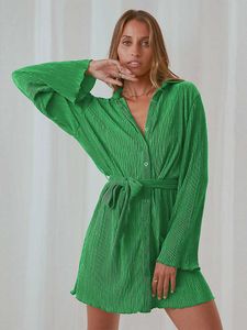Vestidos casuales Camisa de moda verde Vestido de mujer Vestido de manga larga con cinturón suelto Solapa de verano con cordones Vestido plisado Casual Elegante Vestidos sólidos G230311