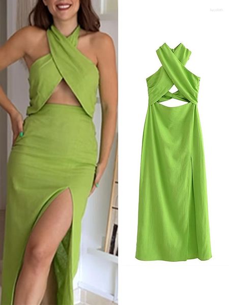 Vestidos casuales Verde Halter Lino Dividido Vestido Mujer Sin mangas Recortado Delgado Sin espalda Moda Hollow 2023 Verano Bodycon Corset Robe