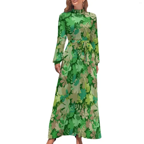 Robes décontractées Feuilles vertes Robe Forêt feuillue Imprimer Mode coréenne Bohême Femmes Manches longues Taille haute Fête Maxi