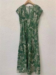 Casual jurken Groene plant gedrukte jurk Dames Katoen V-Neck Zipper 2024 Vrouwelijke lente zomer gewaden