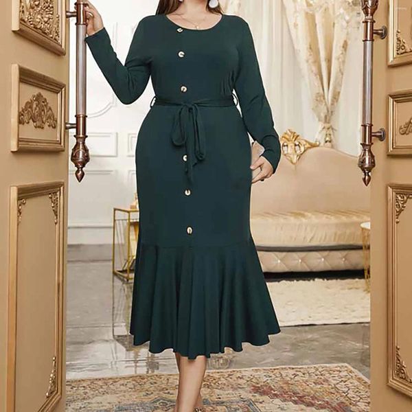 Robes décontractées Vert Plus Taille 4XL Fête pour femmes à manches longues plissée robe de queue de poisson élégante bureau dames robe de soirée formelle