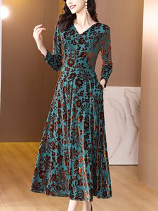 Casual Jurken Groene Print Lange Mouw V-hals Midi-jurk Dames Luxe Elegante Feestavondjurk Herfst Winter Koreaanse Vintage Casual Jurk 230323