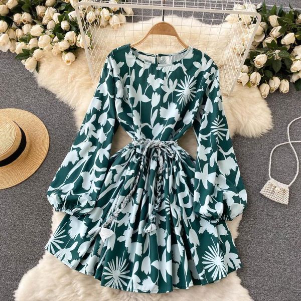 Robes Décontractées Vert Imprimé Mini Robe Femmes Automne O-cou Bouffée À Manches Longues Taille Haute Doux Vacances Plage Vestidos Avec Ceintures Femme