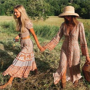 Robes décontractées vert/rouge bohème plage longues femmes bouton col en v manches évasées automne Boho Hippie Chic Maxi Vestidos 230217