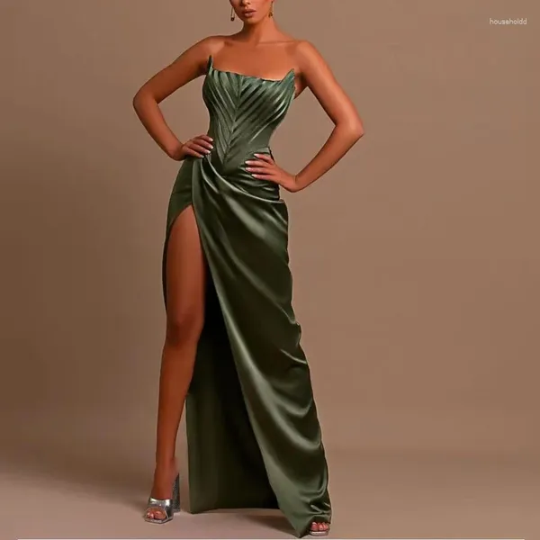 Robes décontractées en satin vert satin bassement formel poitrine en emballée poitrine vintage vêtements de haute qualité luxe élégante jupe de soirée pour femmes