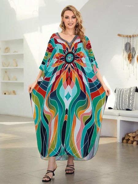 Vestidos casuales Vestido de playa estampado a rayas verdes para mujeres 2024 Bohemia Robe Kaftan Relaxed Vacation Holiday Moo Outfit Q1638