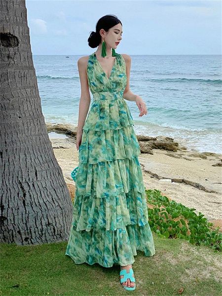 Vestidos casuales Green Tie Dye Gasa Cascada Volantes Maxi Vestido para mujeres Sexy Halter Vendaje Sin respaldo Imprimir Pastel de playa Verano Largo