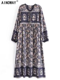 Casual jurken grijze bloemenprint vintage dames v-neck lantern mouw kwast strand boemian maxi dames rayon boho jurk robe Vestidos y2302