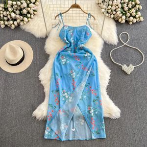 Casual jurken Grils Super Fairy Blauw Boheems Ruglooze jurk Kustvakantie Mouwloos Bodyoone Midi Zomervakantie met split voor Dames