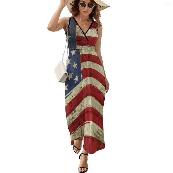 Robes décontractées Grunge Drapeau des États-Unis Robe sans manches Sensuelle Sexy pour les femmes Ensembles de femmes élégantes longues