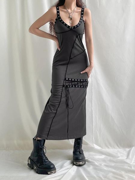 Robes décontractées Grunge Gothic Eyelet Centing Stitching Long Robe Femmes Punk Style Lace Up Summer Party Dark Academia esthétique