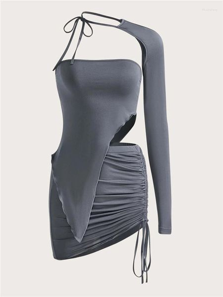 Robes décontractées Grunge Punk Sexy solide robe asymétrique pour les femmes une épaule moulante bustier tubulaire jupes Y2K vêtements Streetwear 2023