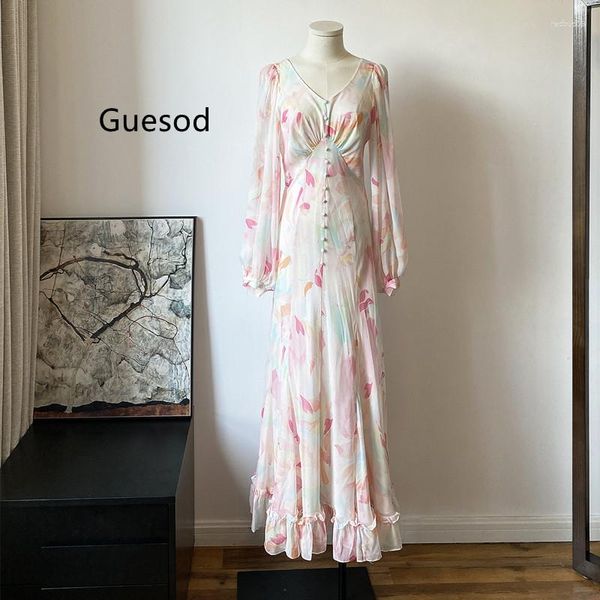 Vestidos casuales Guesod mujeres vestido largo de seda 2023 otoño femenino con cuello en v fuera de la manga trasera diseñador hada llega