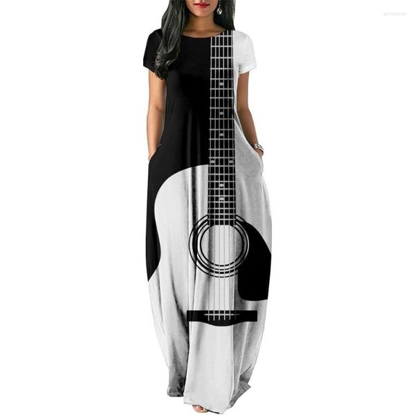 Vestidos casuales Estampado de guitarra Patchwork Mujer Vestido de manga corta Suelto Largo Doble bolsillo Playa Vacaciones Mujer