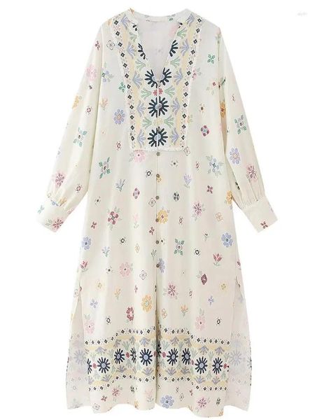 Robes décontractées GypsyLady Boho élégant lâche maxi robe imprimé floral bouton avant beige printemps automne vacances femmes dame robes