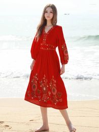 Robes décontractées Gypsylady Floral broderie Boho robe coton lin col en V à manches longues Vocation plage rouge femmes dames robes robe
