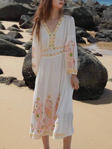 Robes décontractées Gypsylady Floral broderie Boho robe coton lin col en V à manches longues Vocation plage blanc femmes dames robes