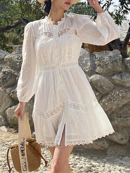 Robes décontractées gypsylady en dentelle française chic mini coton blanc manches longues creux de vocation plage divisé les femmes sexy dames vestiaire vestido