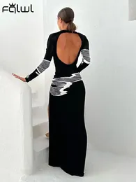 Casual jurken habbris zwarte print bodyocn lange jurk feestavond voor vrouwen 2024 herfst mouw split maxi mode backless