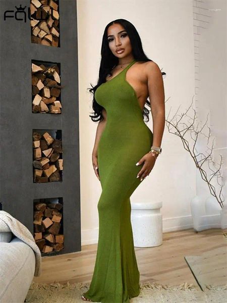 Vestidos casuales Habris Sexy Backless One Shoulder Bodycon Maxi Dress Party Club Outfits for Women 2023 Green Split Long Booty