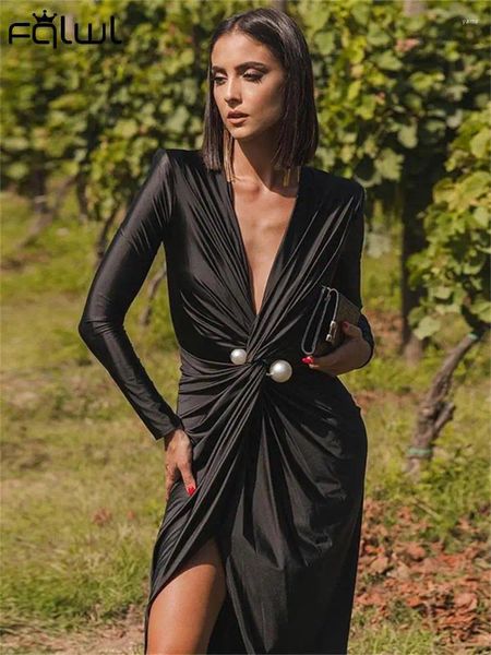 Robes décontractées Habbris Sexy Deep V Neck Long Long Slevee Maxi Robe soirée pour les femmes 2024 Fall Black Faux Pearl Slit Elegant