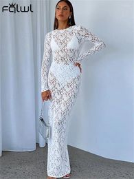 Robes décontractées Habbris Sexy White Hollow Out Lace Impring Long Dress Party Club For Women 2024 Sleeve d'automne Voir à travers BodyCon Maxi