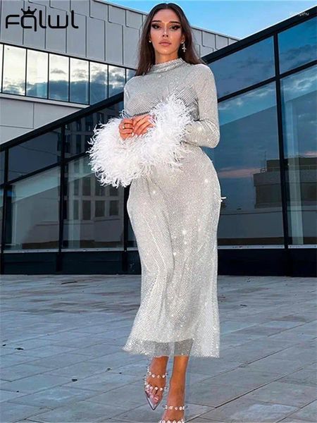 Vestidos casuales Habbris blanco brillante bodycon vestido largo fiesta de lujo para las mujeres 2024 elegantemente plumas manguito maxi moda ins prom
