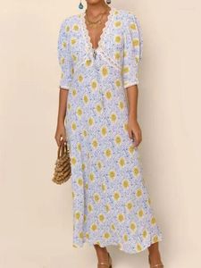 Casual jurken half mouwen zomerjurk v-neck kanten patchwork bloemenprint met hoge taille midi te koop opruiming