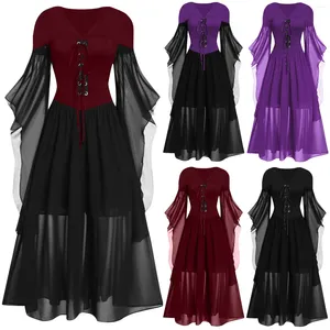 Casual Jurken Halloween Cosplay Kostuum Gothic Vintage Jurk Vleermuis Lange Mouw Lace Up Middeleeuwse Ghost Bruid Vampier Kleding Vestidos