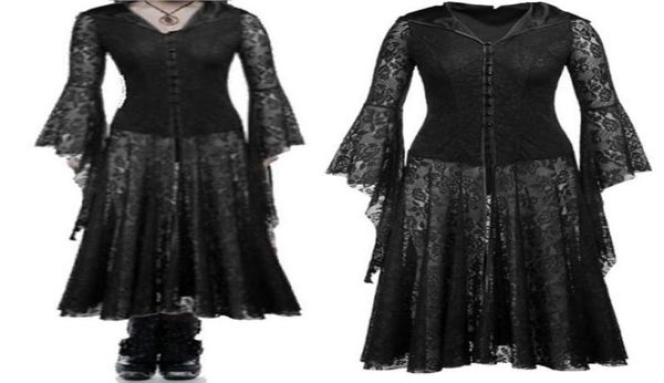 Vestidos casuales Disfraces de Halloween Cosplay Scary Vampire Witch Disfraz Mujeres Medieval Victorian Masquerade Black Lace Hollow Maxi D4246906