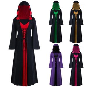 Casual Jurken Halloween Kostuum Gothic Jurk Hooded Lace Up Cosplay Witch Lange Mouw Stitching Plus Size Disfraz Mujer Carnaval