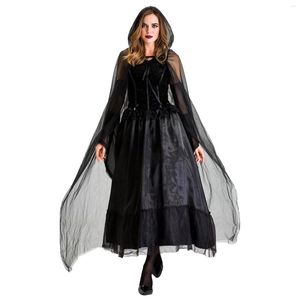 Robes décontractées Costumes d'Halloween pour femmes Cosplay Death Mage Robe longue avec cape à capuche et gants pour jouer au costume de sorcière robe