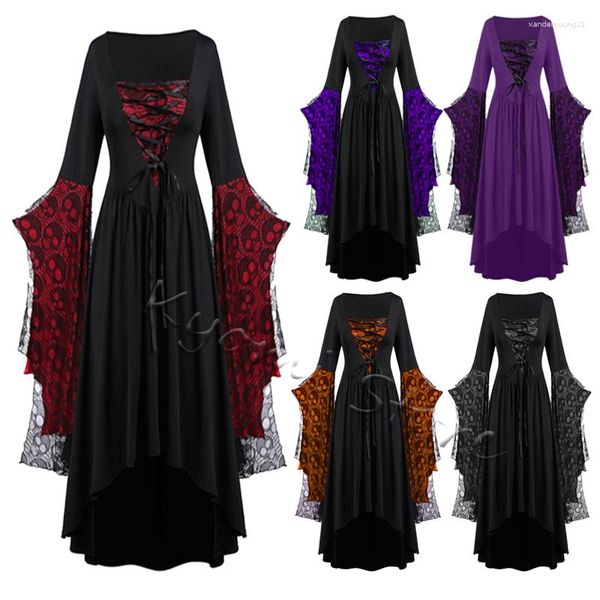 Vestidos casuales Disfraces de Halloween para mujeres Tallas grandes Vestido vintage gótico Cráneo Encaje Campana Manga Sexy Up Vampiro Fantasma Novia Cosplay