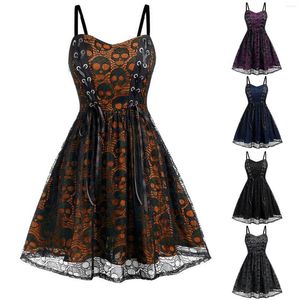 Casual Jurken Halloween Kostuums Gothic Lace Up Party Voor Vrouwen Retro Schedel Print Bandage Patchwork Spaghetti Band Een Lijn Jurk Gewaad