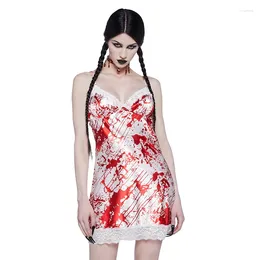 Vestidos casuales Halloween para mujeres 2023 Mini falda de resbalón corto Mancha de sangre Impreso Encaje Sexy Moda Vestido de seda Fiesta Sin mangas Sundress