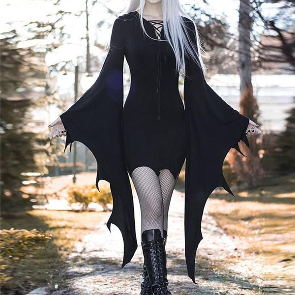 Vestidos casuales Halloween gótico mujeres vestido Flare manga larga cintura alta 2023 Goth Cosplay disfraces Sexy Slim Party Club Robe