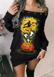 Robes décontractées Halloween citrouille visage fantôme sorcière chauve-souris épaule oeillet sweat-shirt robe femmes lâche chaud manches longues robes