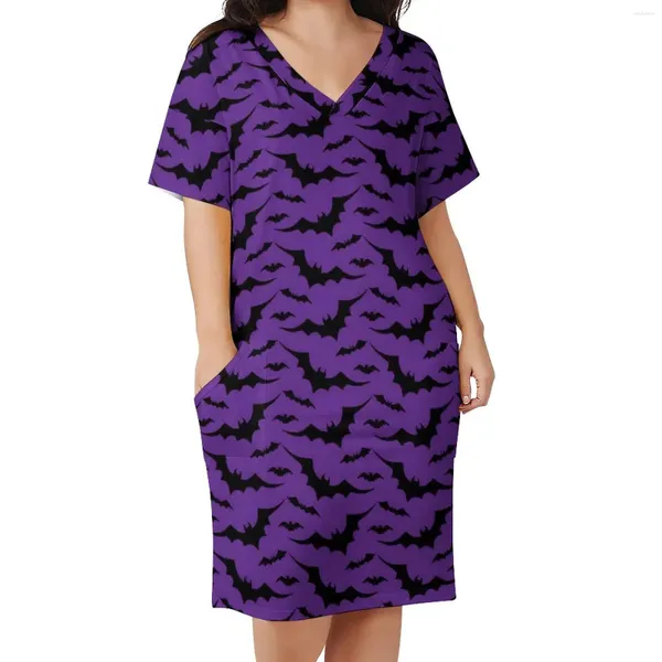 Robes décontractées Halloween Robe fantasmagorique à manches courtes Purple Bat Print Style Street Style Summer Femmes modernes Vestidos surdimensionnés