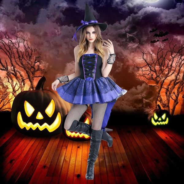 Vestidos informales Disfraz de bruja de Halloween para mujeres Adultos 3 piezas Sets Sexy Swallow Tail Brazs Vestido Guantes de encaje Guantes de carnaval