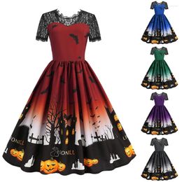 Robes décontractées Halloween Femmes Rétro Dentelle Mode Épissage Jupe Longue Col Rond Manches Courtes Sexy Imprimé Grande Swing Robe Élégante