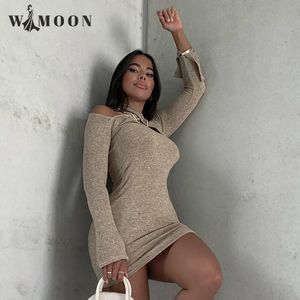 Vestidos informales con cuello Halter y hombros descubiertos, minivestido marrón para mujer, Otoño Invierno 2021, Club, fiesta, noche, Sexy, ajustado, cumpleaños, viaje corto