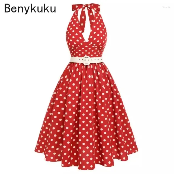 Robes décontractées Halter Red Polka Dot Hepburn 50s Vintage Robe 2024 Vêtements d'été Retro Sexy Deep V Neck Swing Backless Party avec ceinture