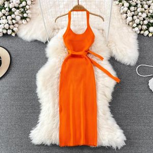 Robes décontractées Halter Sexy Side Split Dress Off Épaule Élastique Mince Moulante Chic Party Club Midi Vestidos Vintage Bandage Boho Femmes